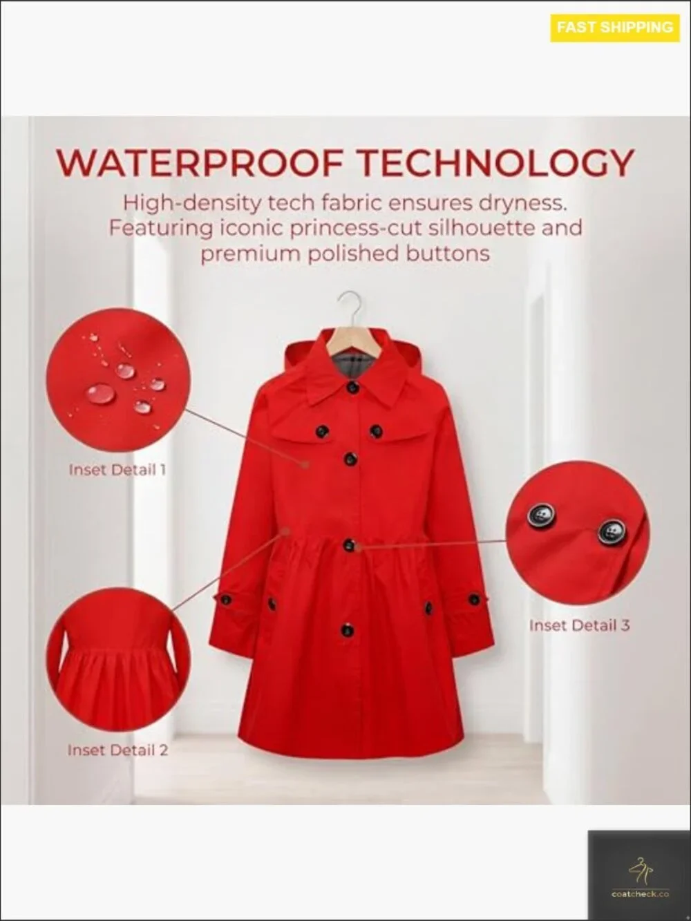 Girls Waterproof Windbreaker Jacket Detachable Hood Lightweight Trench Coat